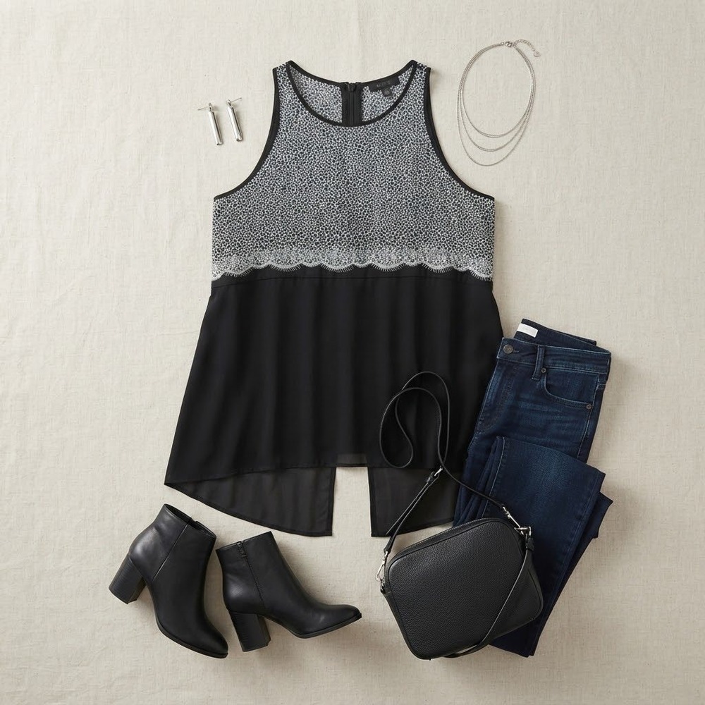 BCBGMAXAZRIA Sleeveless Top Women S Black Pebble Print Lace Trim Split Back Chic